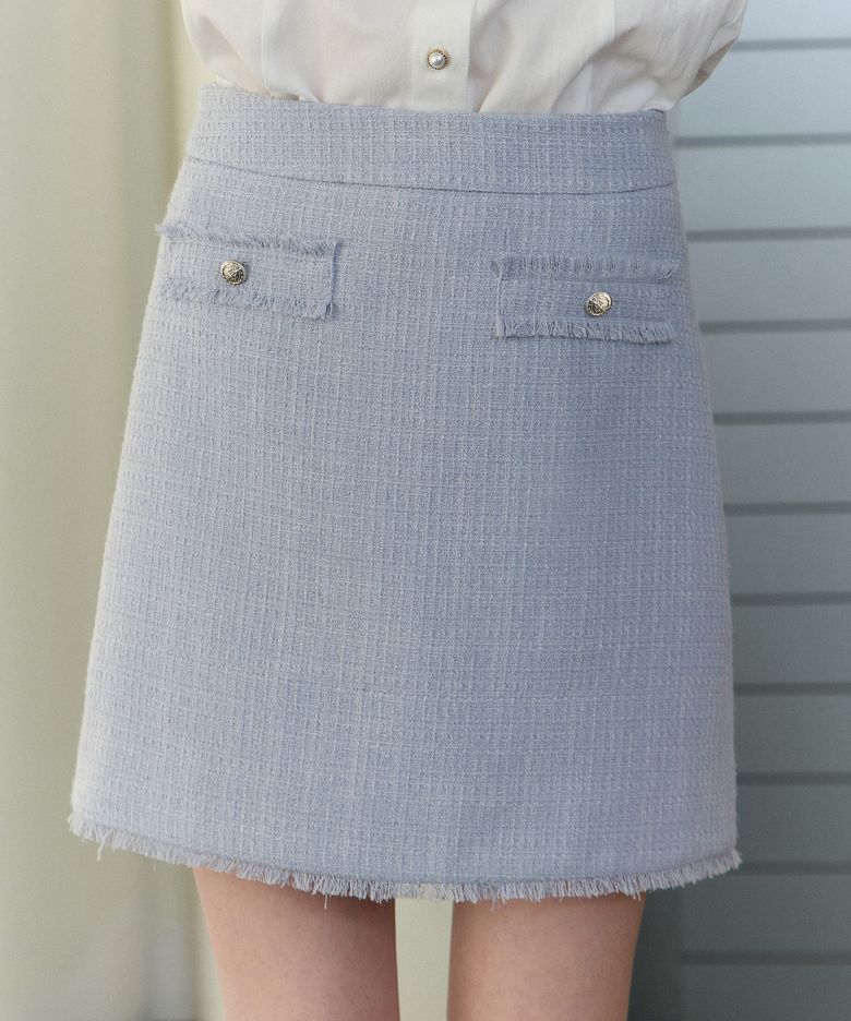 Fringe Tweed Mini Skirt - Blue
