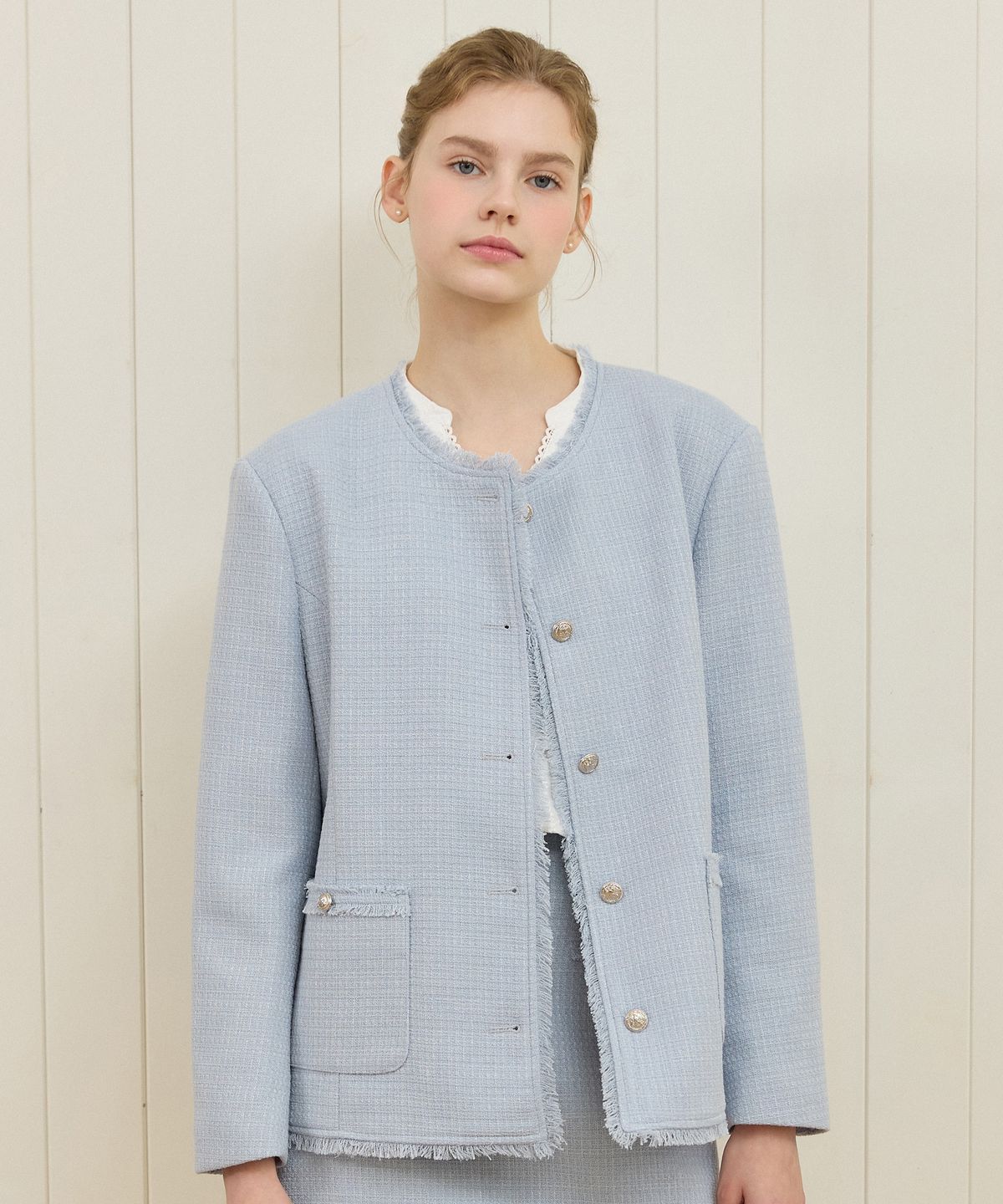 논로컬(NONLOCAL) Fringe Tweed Over-fit Jacket - Blue