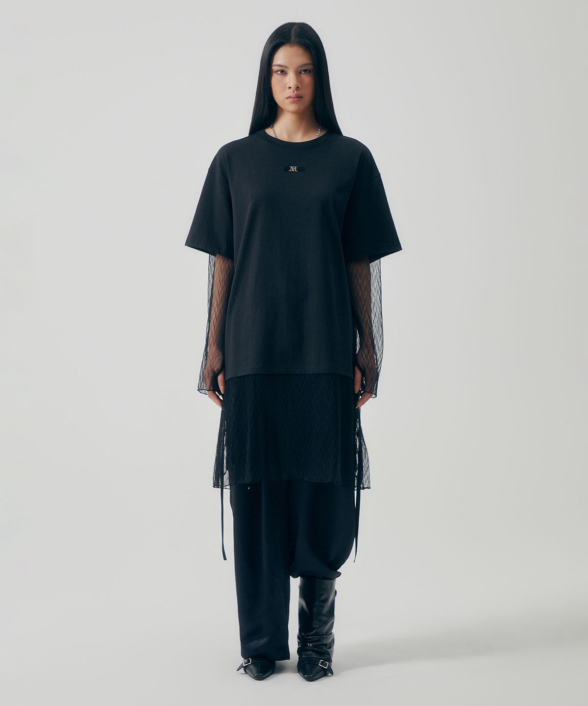 트리밍버드(TREEMINGBIRD) Layered Lace Long Sleeves [ Black ]