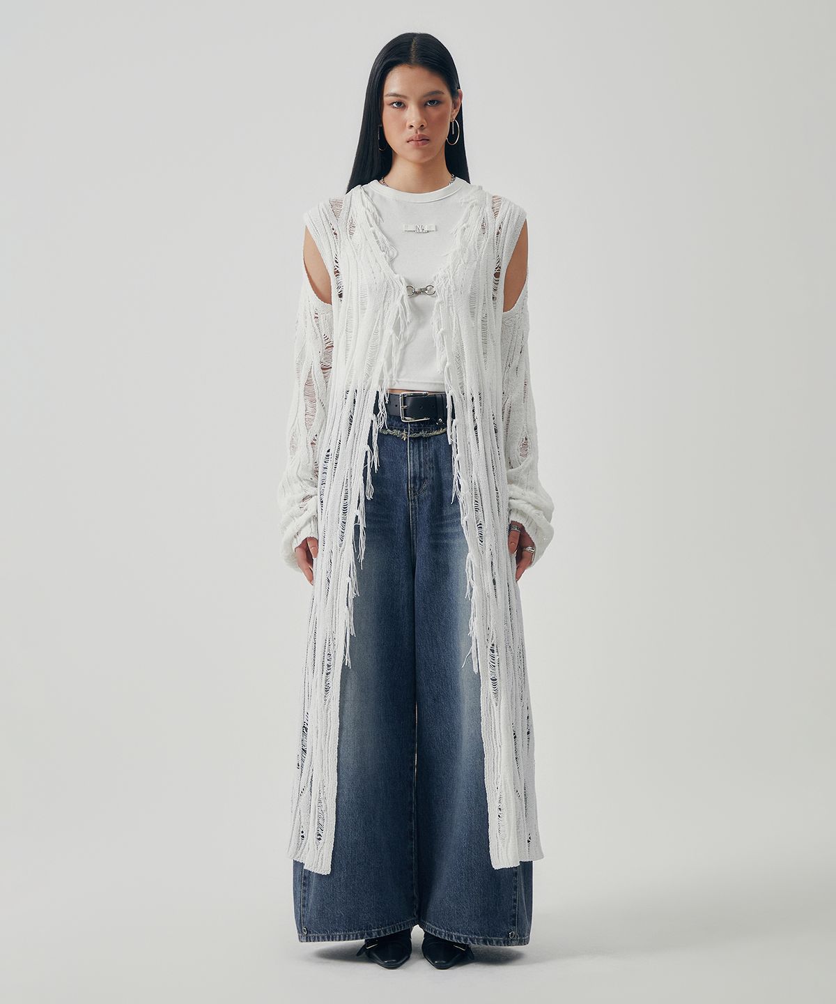 트리밍버드(TREEMINGBIRD) Featherlight Longline Knit Cardigan [ White ]