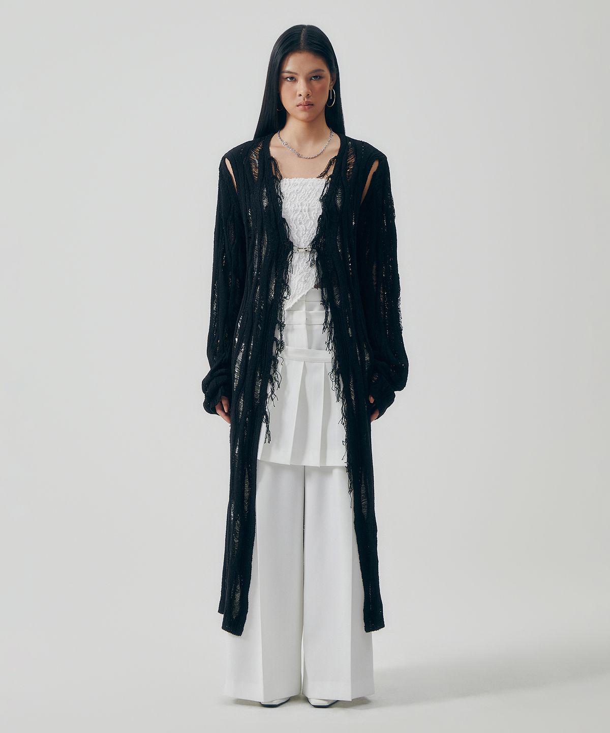 트리밍버드(TREEMINGBIRD) Featherlight Longline Knit Cardigan [ Black ]