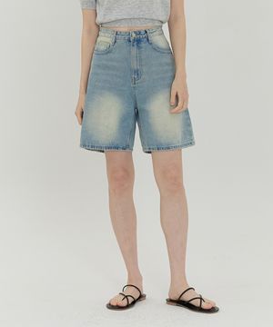 여성 빈티지 워싱 4.5부 와이드 버뮤다 데님 팬츠 (연청)