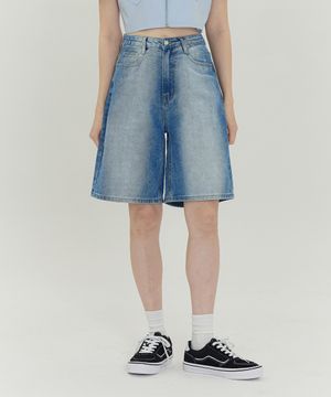 여성 스트라이프 워싱 5부 와이드 버뮤다 데님 팬츠 (블루)