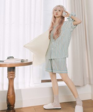 [2SET] 실크핏 퓨어 반팔 커플 잠옷 세트