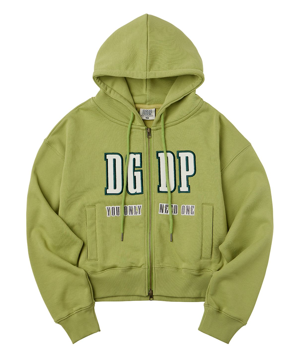 댕글드랍(DANGLEDROP) DGDP 아플리케 크롭 후드 집업 올리브그린