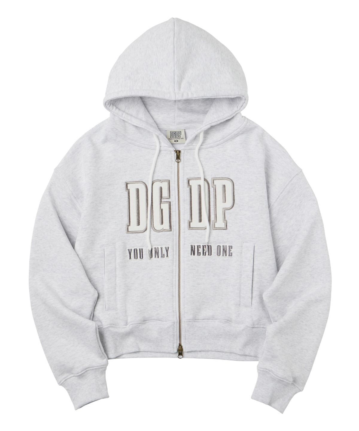 댕글드랍(DANGLEDROP) DGDP 아플리케 크롭 후드 집업 화이트멜란지