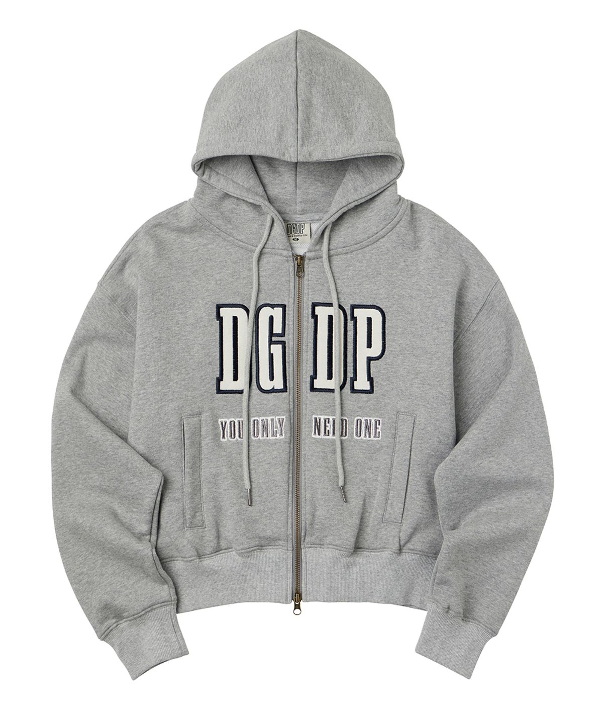댕글드랍(DANGLEDROP) DGDP 아플리케 크롭 후드 집업 멜란지그레이