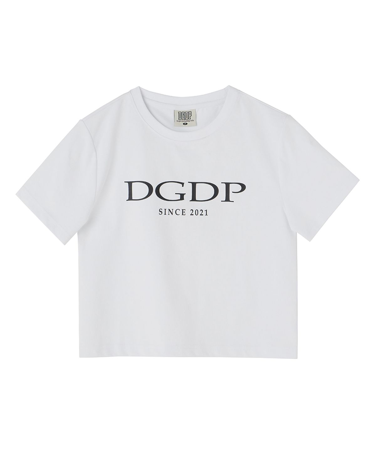댕글드랍(DANGLEDROP) DGDP 포인트 로고 크롭 반팔티셔츠 화이트