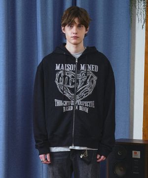 DOODLE HEART HOODIE ZIP UP BLACK