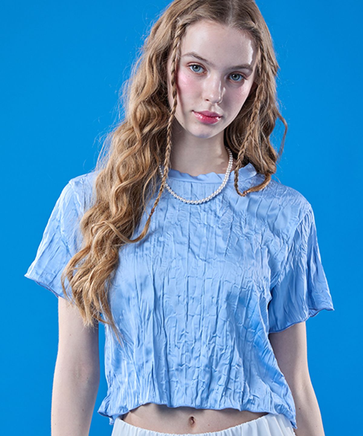 콜릿(KOLEAT) 쉬폰 쿨링 마몽 크롭 무지 반팔티 [BLUE]