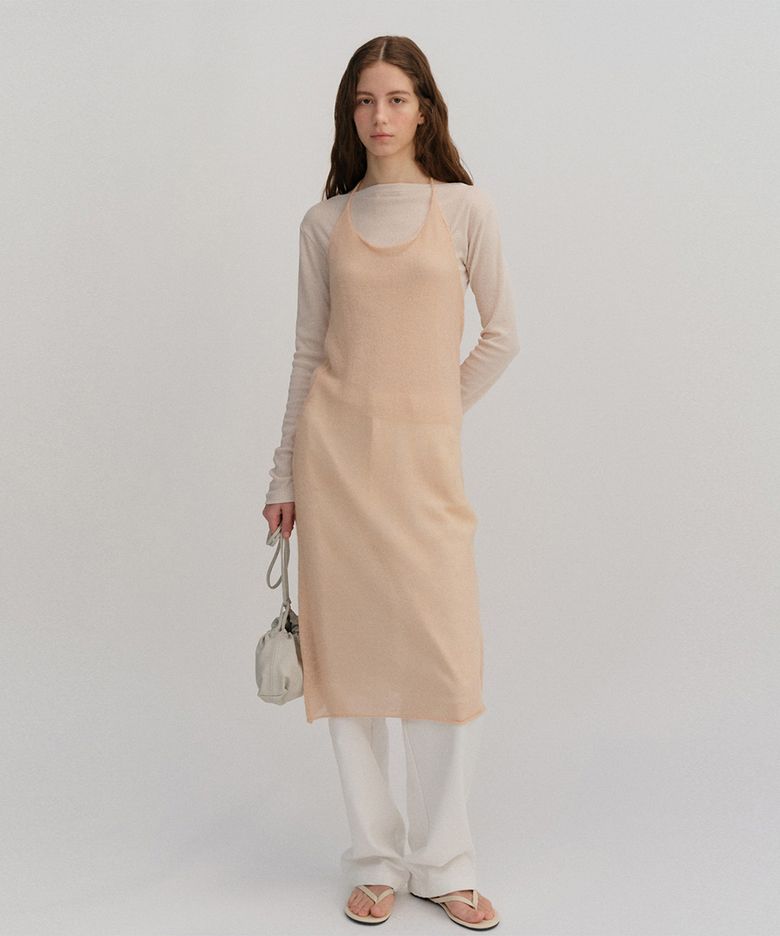 Kidmohair halter-neck knit dress_peach