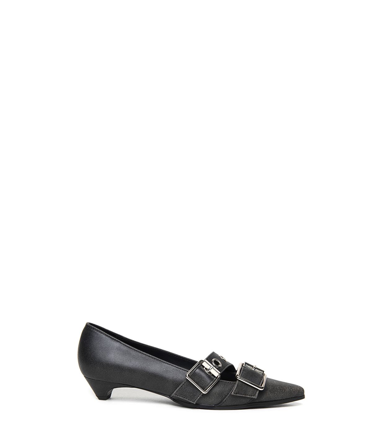 쓰리투에이티(THREE TO EIGHTY) CRACKLE BUCKLE KITTEN HEELS BLACK