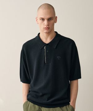 니트 집업 카라 반팔 (NAVY)