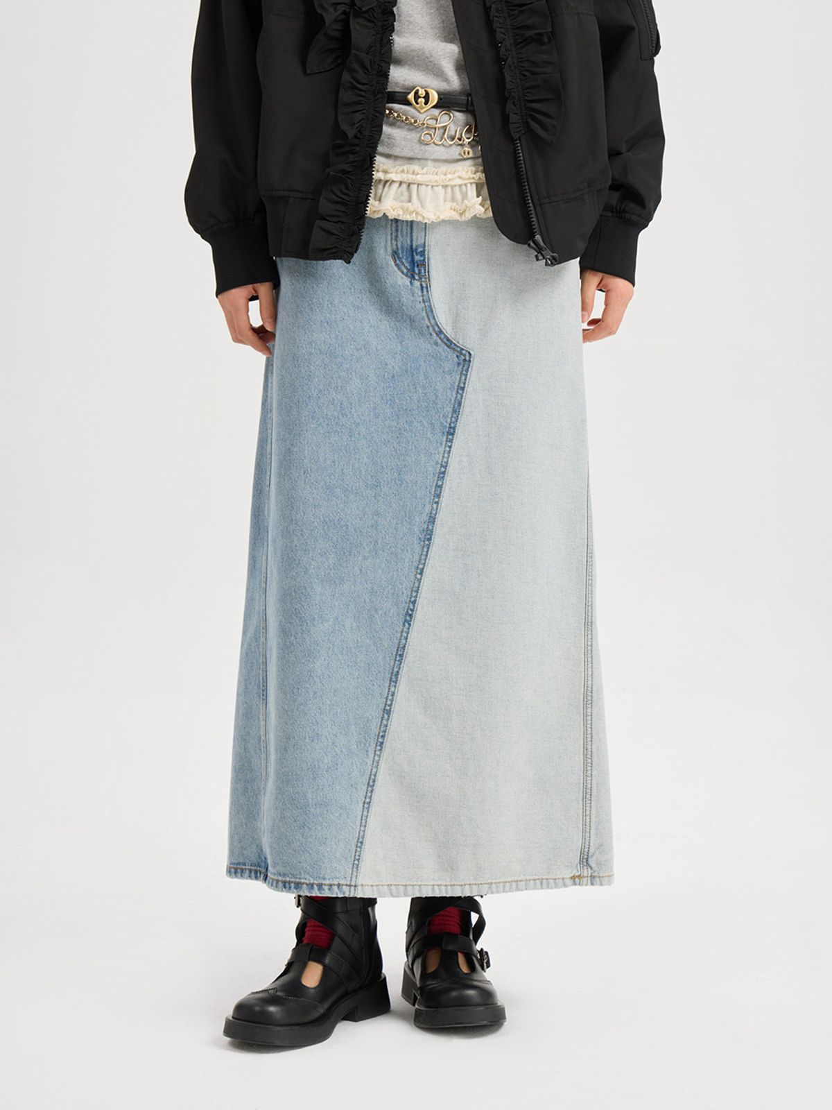 럭키슈에뜨(LUCKY CHOUETTE) Back Banding Color Block Long Denim Skirt (blue) LFPDM25320BUX