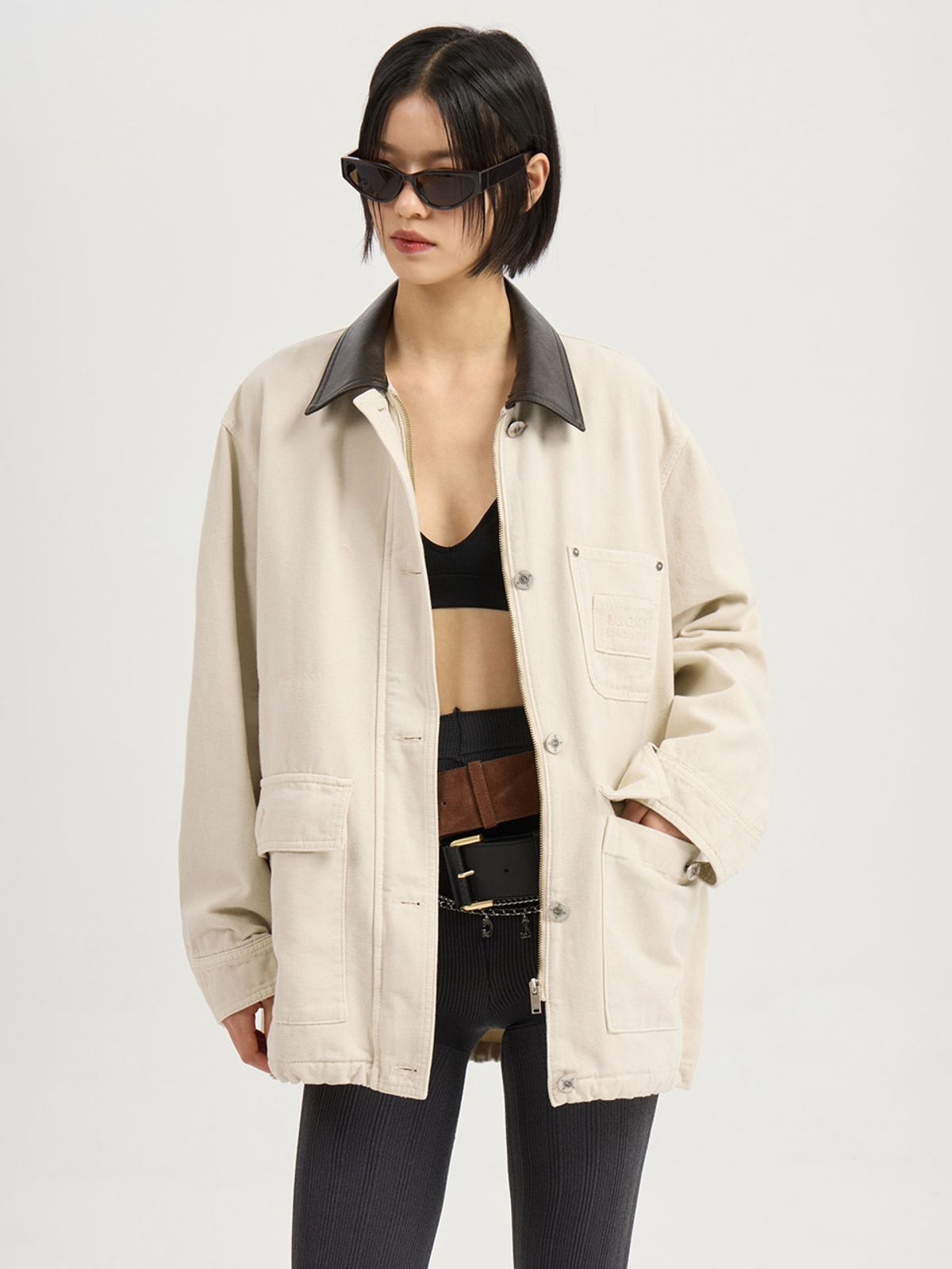 럭키슈에뜨(LUCKY CHOUETTE) Fake Leather Collar Denim Jumper (ivory) LFPDM25360IVX