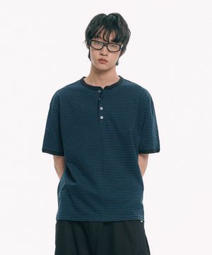 스트라이프 헨리넥 반팔티 - 네이비