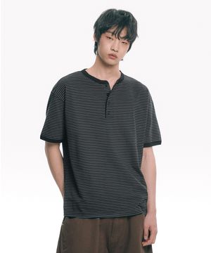 스트라이프 헨리넥 반팔티 - 블랙