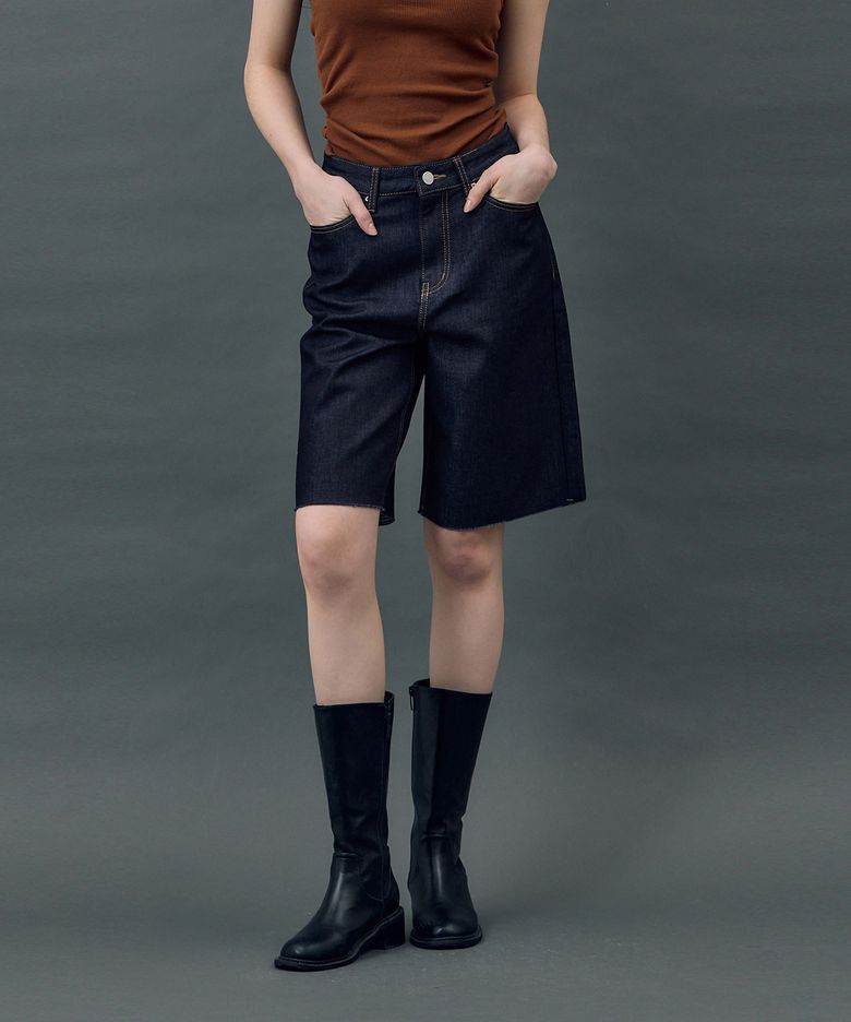 데님 엣지 컷 이너 배색 쇼츠 인디고 R5
