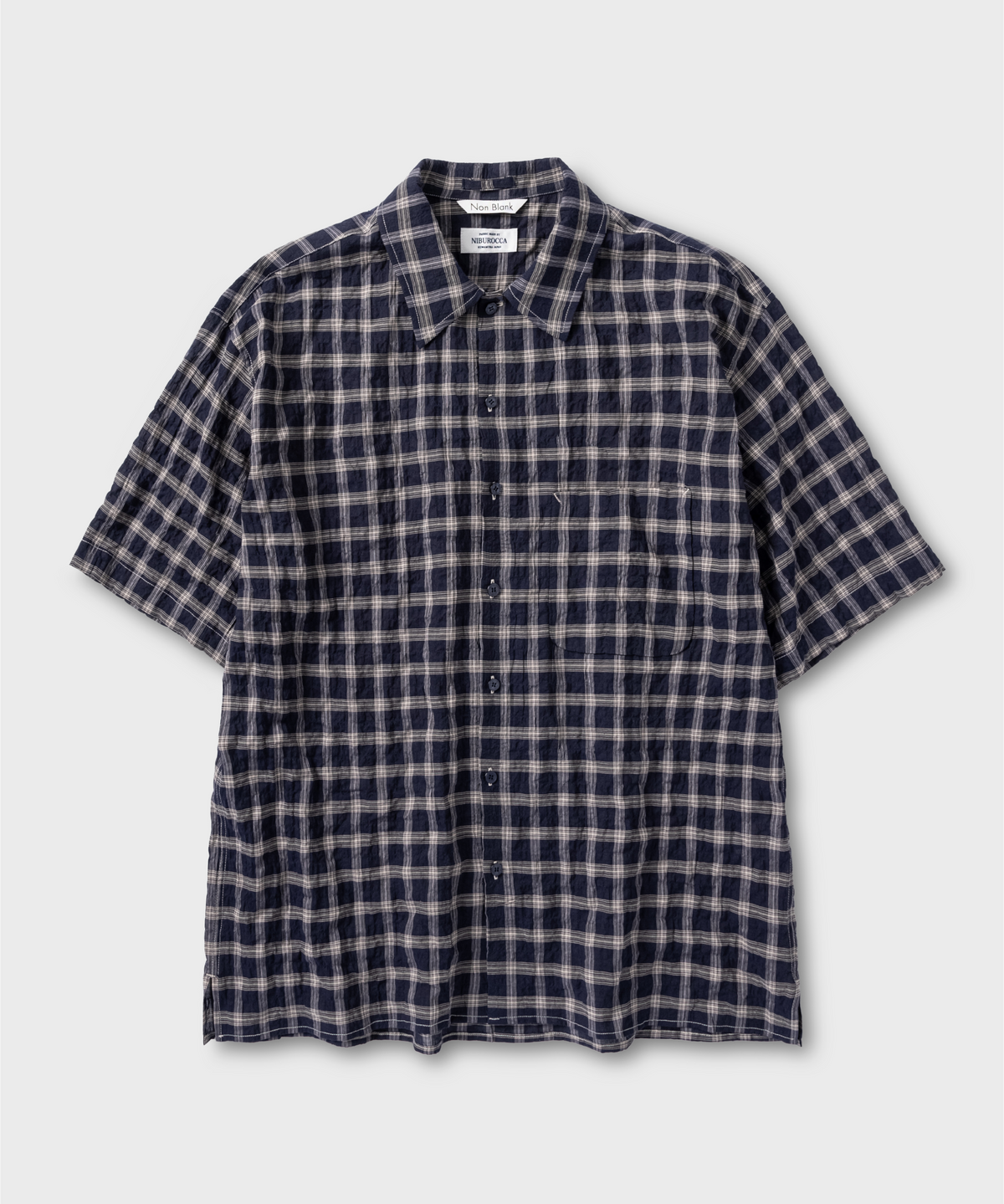 넌블랭크(NONBLANK) 링클 체크 하프 슬리브 셔츠_NAVY