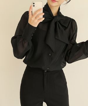 소매버튼 리본 시스루 블라우스
