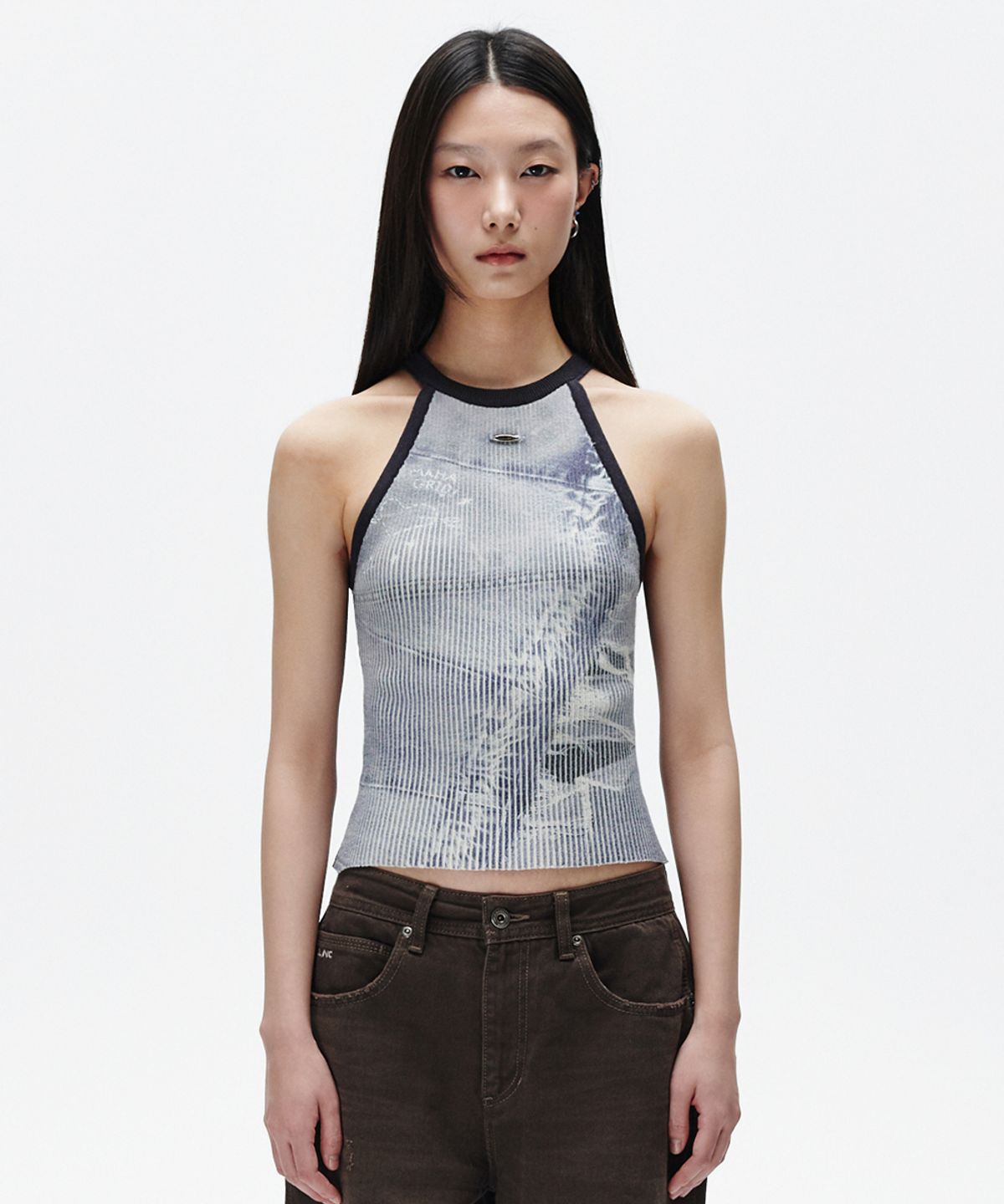 마하그리드(MAHAGRID) DENIM PRINTED HALTER KNIT BLUE(MG2FMFK617A)