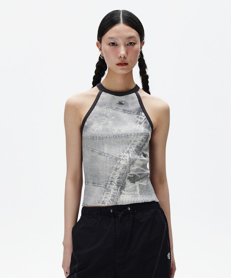 DENIM PRINTED HALTER KNIT GREY(MG2FMFK617A)
