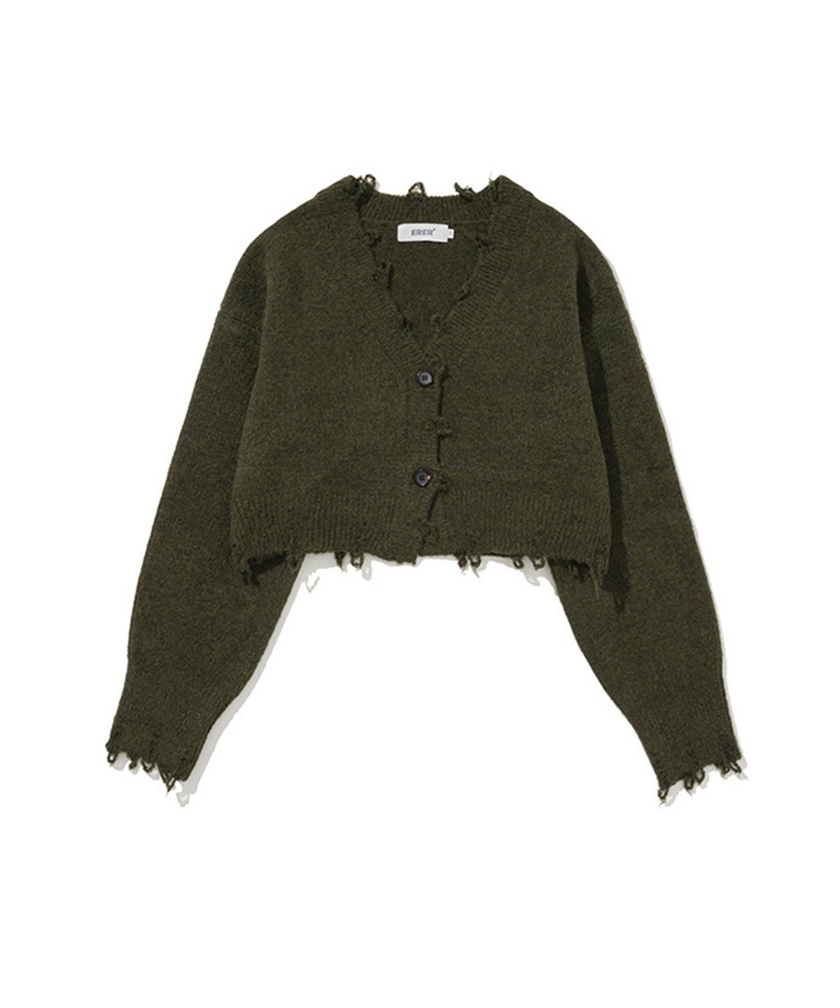 에르에르(ERER) Frayed Edge Cropped Cardigan Khaki