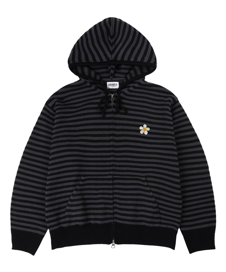 [UNISEX]플라워도트 자수 니트 스트라이프 후드집업_블랙차콜