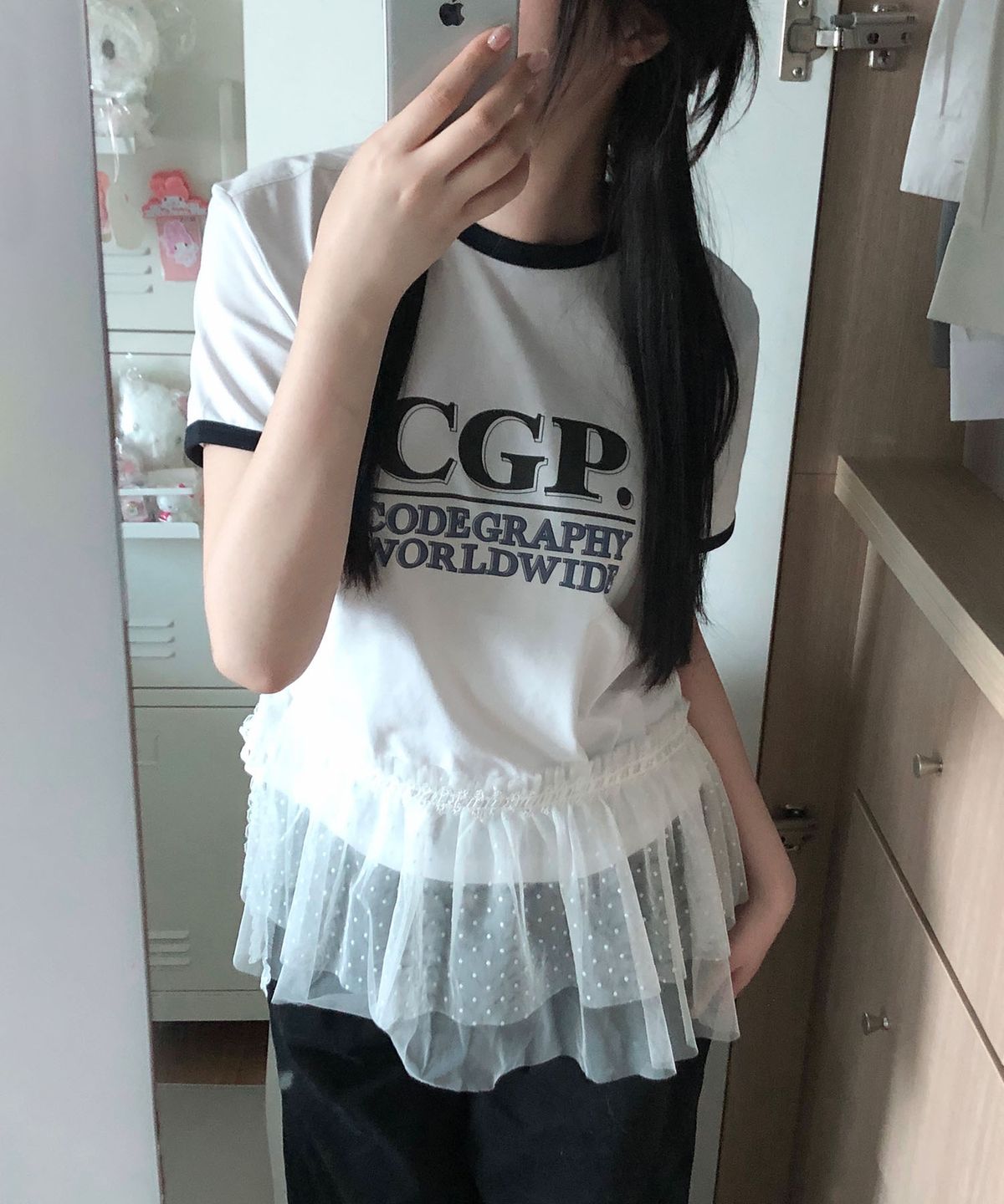 코드그라피(CGP) (우먼) 스퀘어 로고 링거 반소매 티셔츠_화이트