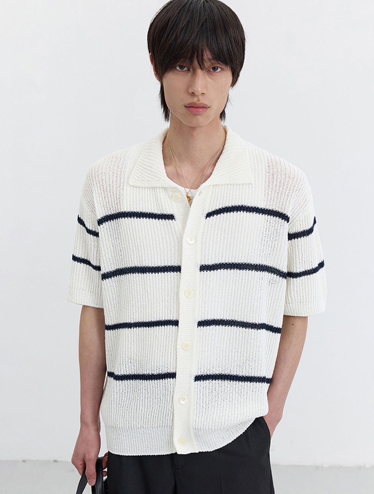 던스트 포 맨(DUNST FOR MEN) SHAKER STITCH COLLARED CARDIGAN_UDSW5B321_OFF WHITE / NAVY