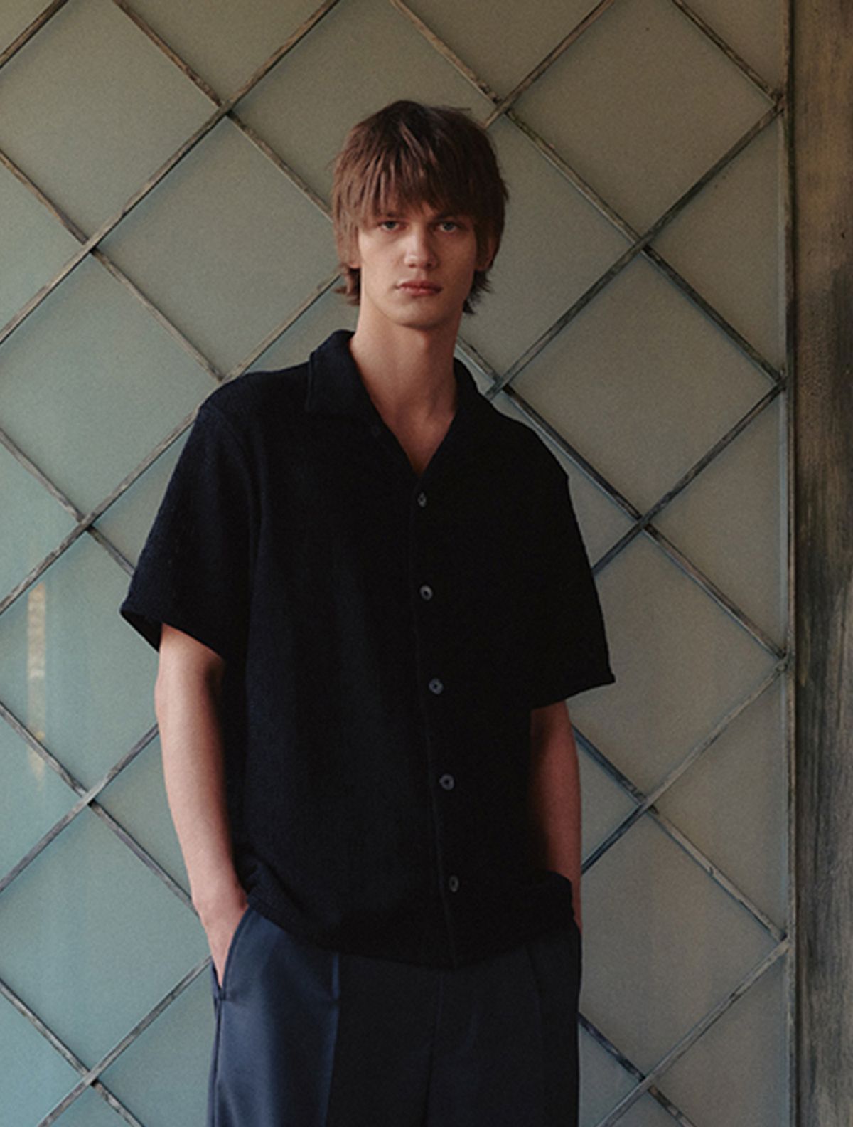 던스트 포 맨(DUNST FOR MEN) CROCHET OPEN COLLARED SHIRT_UDSH5B327_BLACK SQUARE
