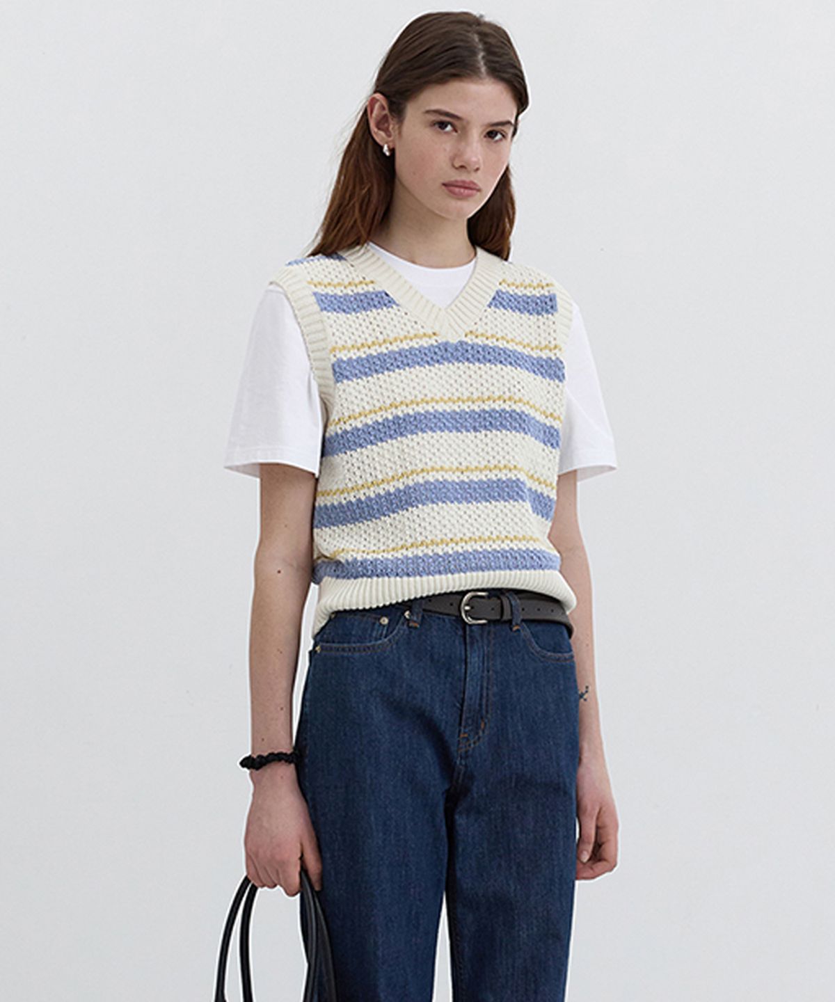 던스트(DUNST) UNISEX CROCHET STRIPED KNIT VEST_UDSW5B126_LEMON/SKYBLUE STRIPE