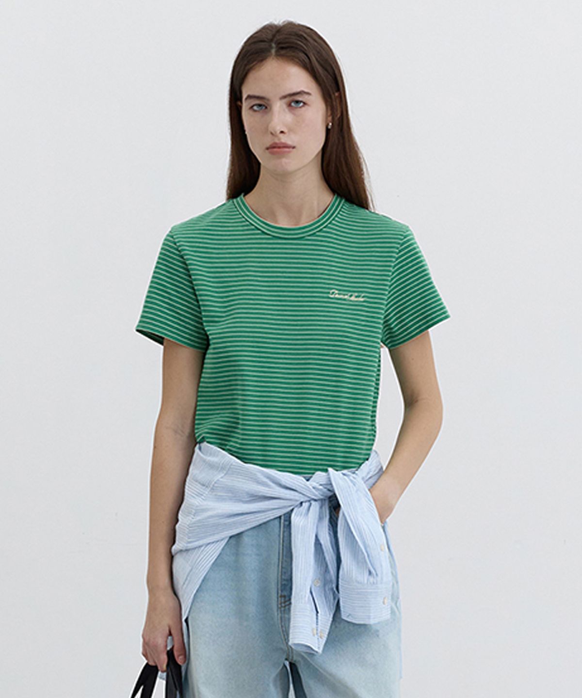 던스트(DUNST) ESSENTIAL STRIPE LOGO T-SHIRT_UDTS5B242_GREEN / LIGHT GREEN STRIPE