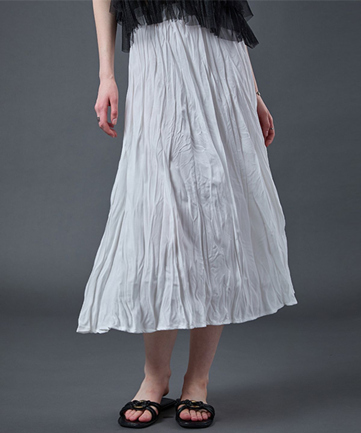시티팝즈(CITYPOPZ) [CP] 미디 마몽 주름 플레어 롱스커트 [WHITE] KCL.