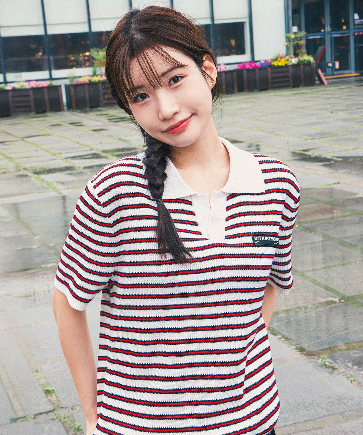 디써티원(DTHIRTYONE) (WOMAN) Multi Stripe Open Collar Sweater (Ivory)