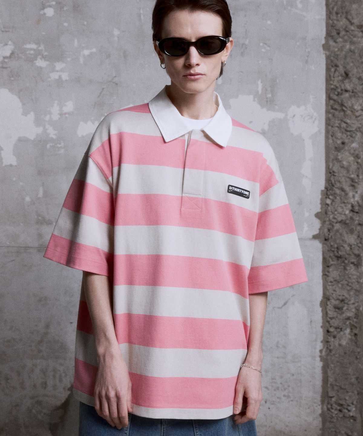디써티원(DTHIRTYONE) Stripe Rugby Polo T-Shirt (Salmon Pink)