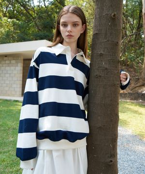 (woman) 스트라이프 럭비 카라 스웨트 맨투맨_Navy