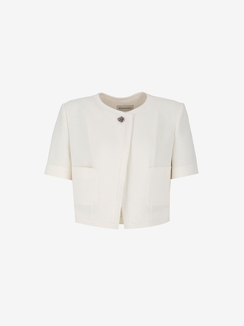 Button point Collarless Tweed Cropped Jacket_YA6JKND