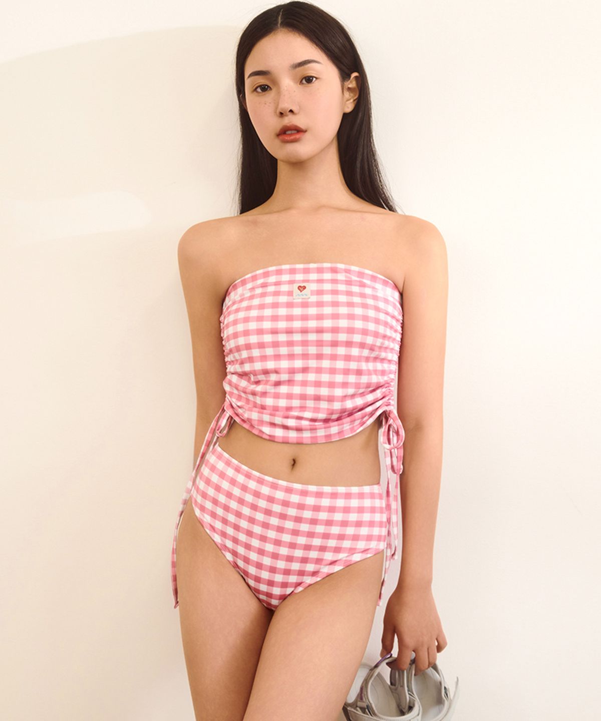 네이키드서프클럽(NAKED SURF CLUB) [SET] 체크 리본 튜브 탑/스커트 + 하이브리프 (Pink)