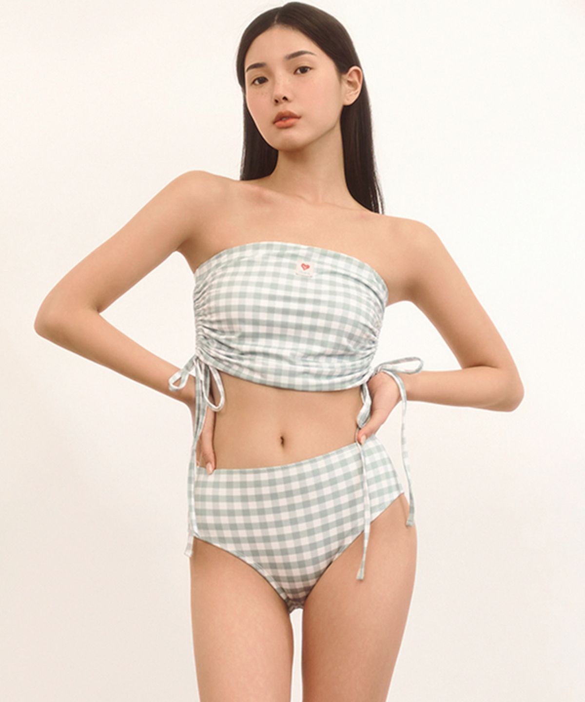네이키드서프클럽(NAKED SURF CLUB) [SET] 체크 리본 튜브 탑/스커트 + 하이브리프 (Mint)