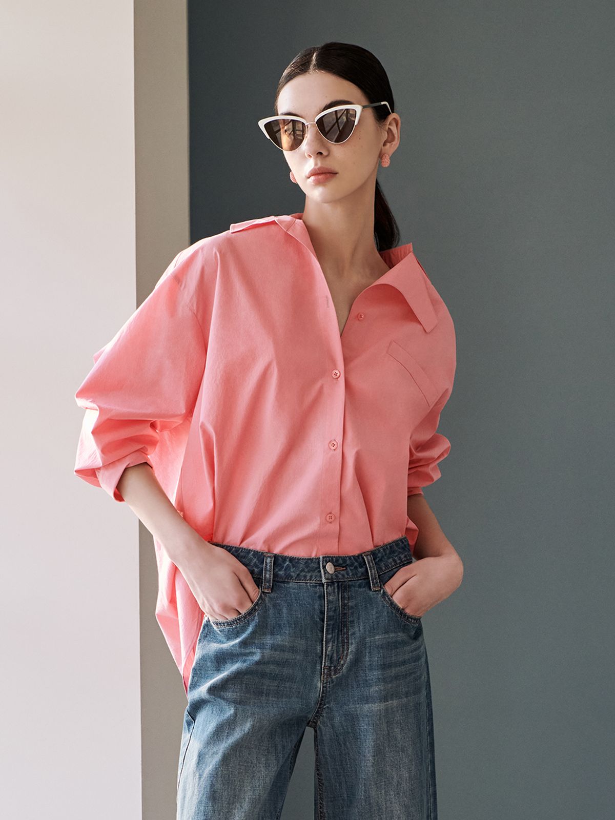 브이엔와이스튜디오(VNYSTUDIO) Unbalanced collared cotton Shirt_YA3LSN2