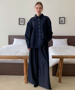 [SET] Loose Fit Shirt+Wide Banded Pants Denim Set-up