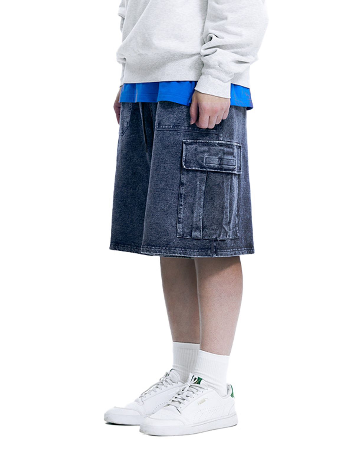 아워포켓츠(OURPOCKETS) 아워포켓츠 카고 포켓 스웻 하프 팬츠(인디고 블루)
