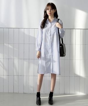 스트라이프 롱셔츠형 롱남방 원피스