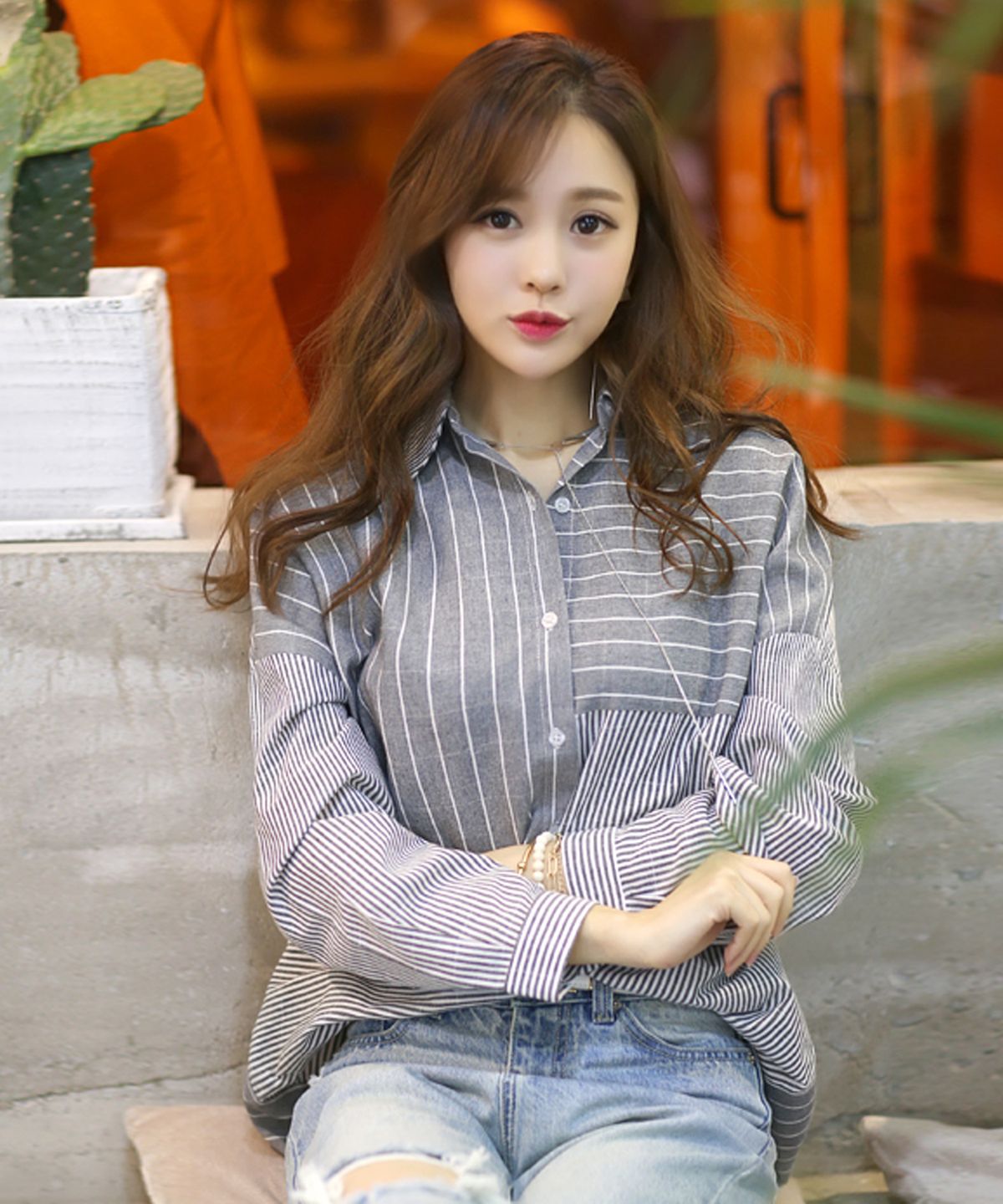 빼빼(BBAEBBAE) 언발란스 배색 스트라이프 셔츠 남방