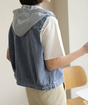 탈부착가능 후드 데님 조끼 베스트