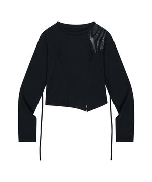 셔링 크롭 롱 슬리브 티셔츠-블랙