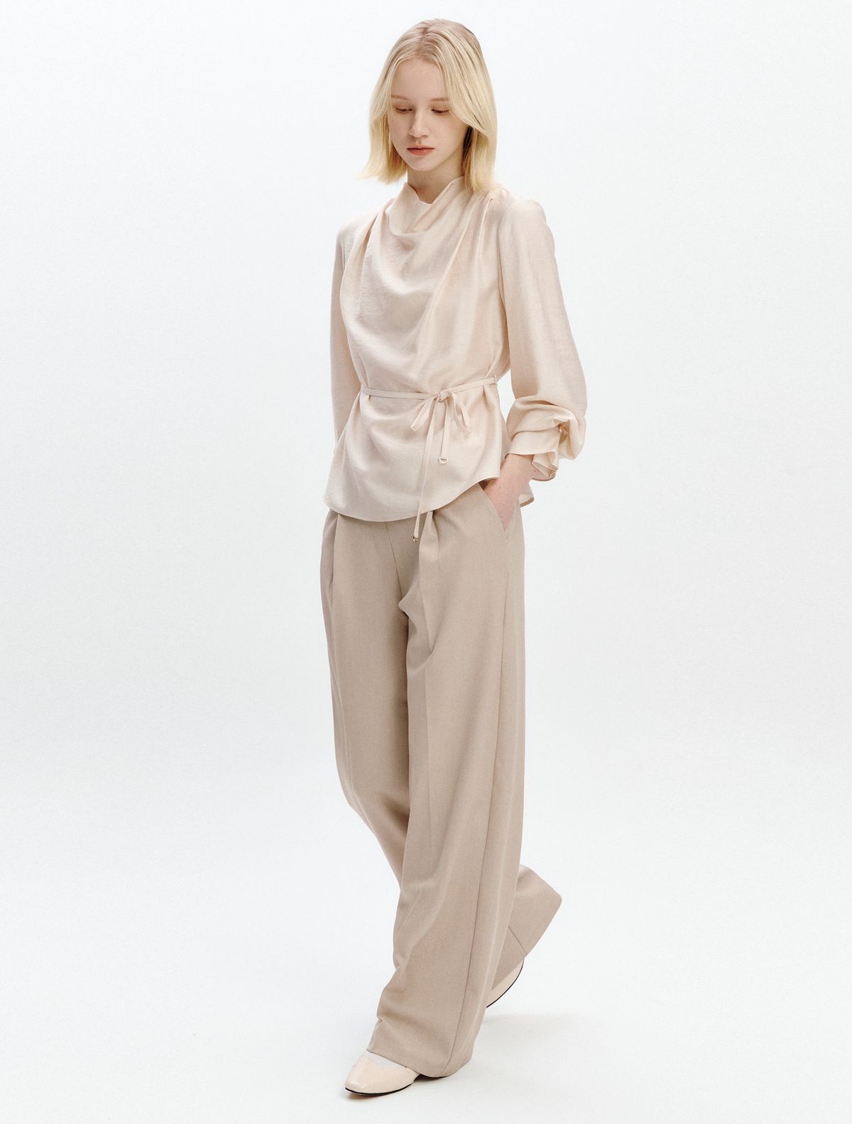 그레이데시온(GRAYDATION) Cowl Neck Strap-decorated Blouse LIGHT BEIGE