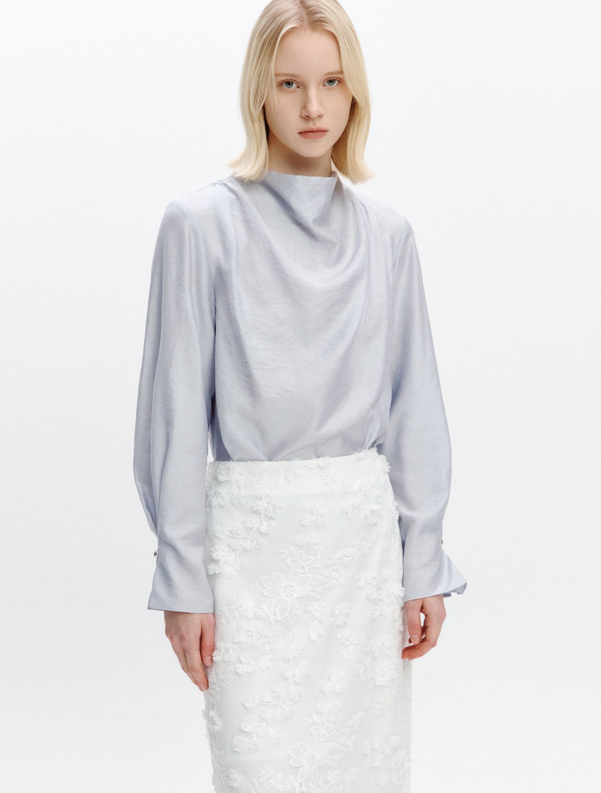 그레이데시온(GRAYDATION) Cowl Neck Strap-decorated Blouse LIGHT BLUE
