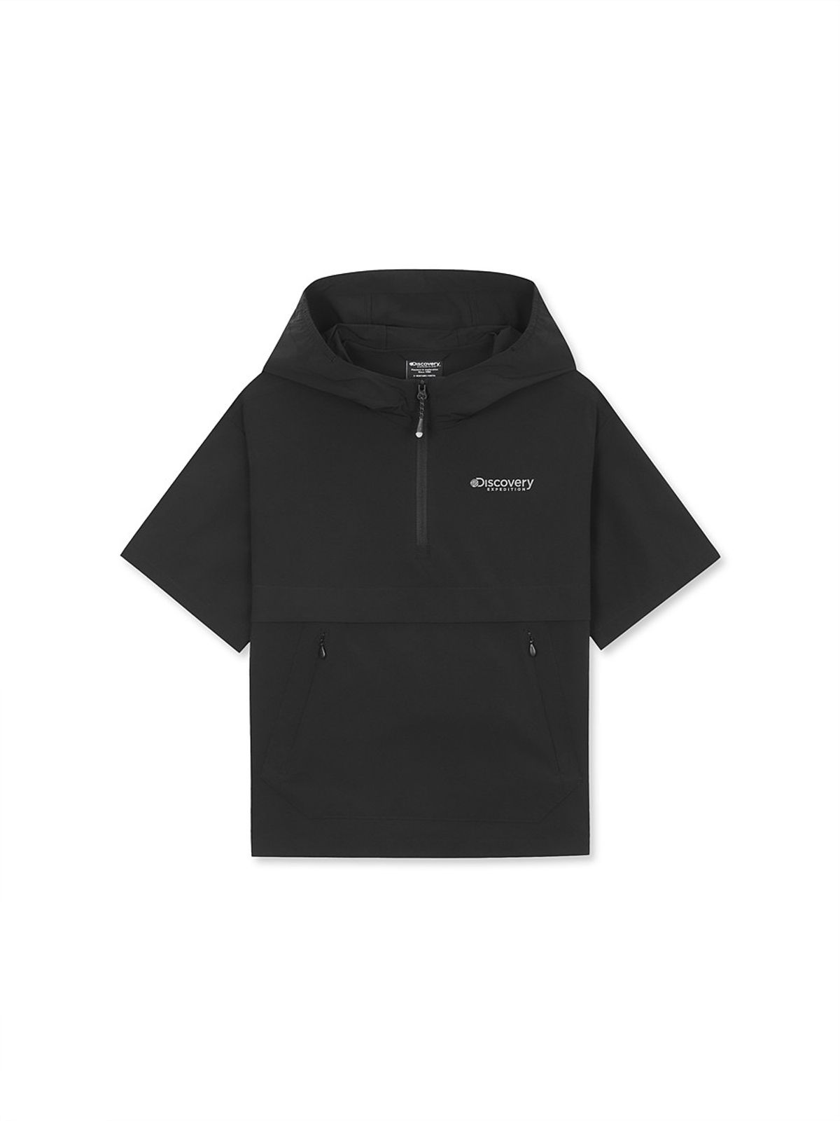 디스커버리 키즈(DISCOVERY KIDS) 키즈 프레시벤트 경량 우븐 후드 트레이닝 반팔 아노락 (BLACK)